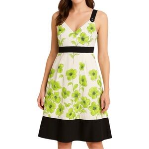 TALBOTS Women’s White/Black Dress Green Flowers Sz 6